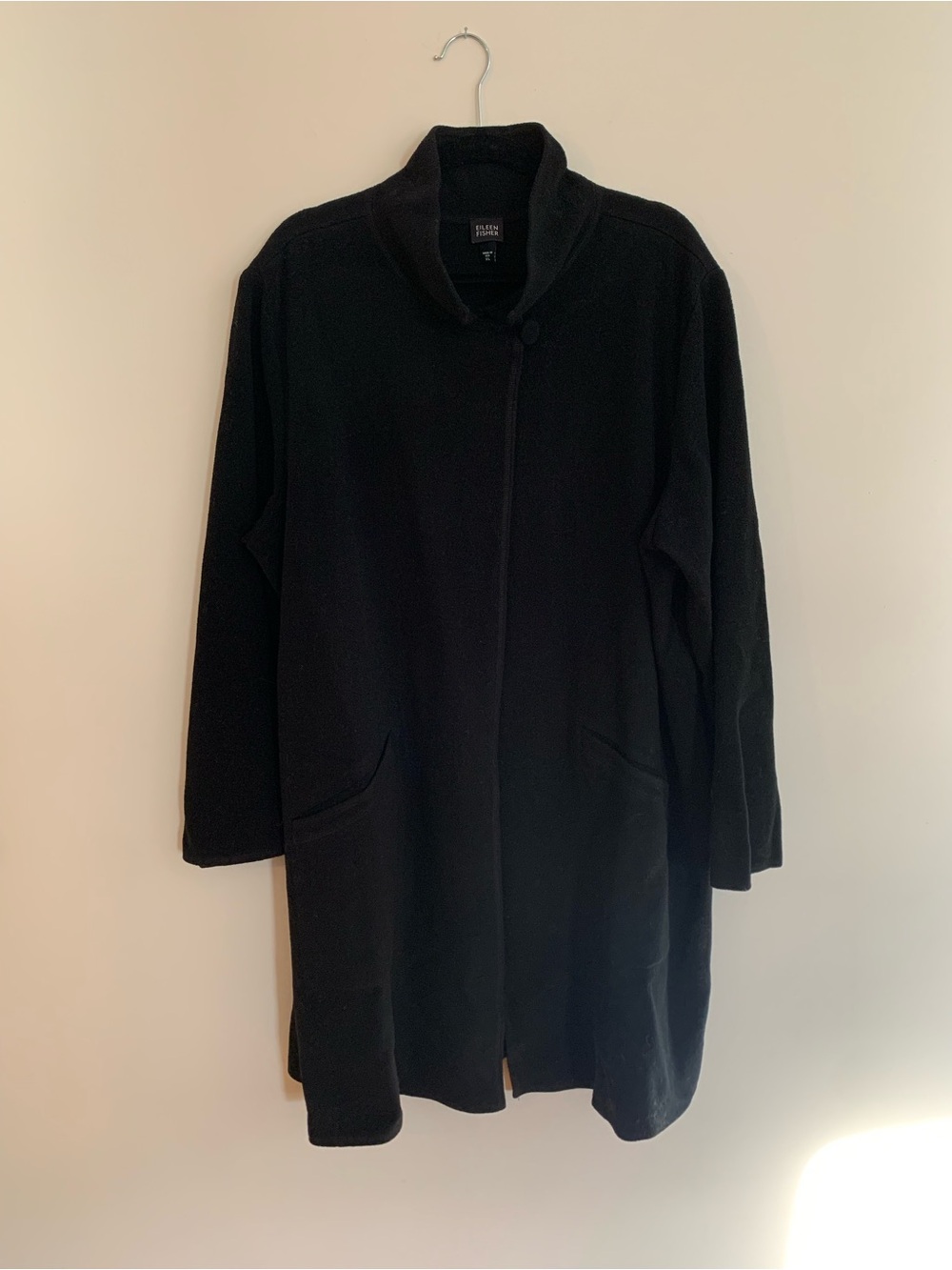 Eileen Fisher Black Minimal 100% Wool-Long Coat